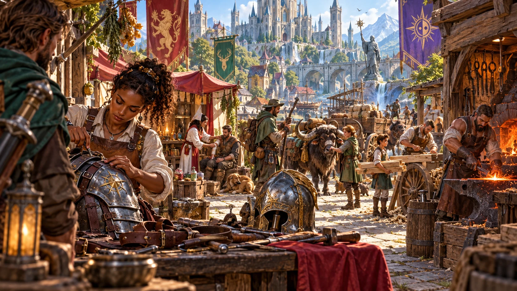 Fantasy illustration of skilled tradespeople working in a busy city quarter with a wagon, forge and workshops