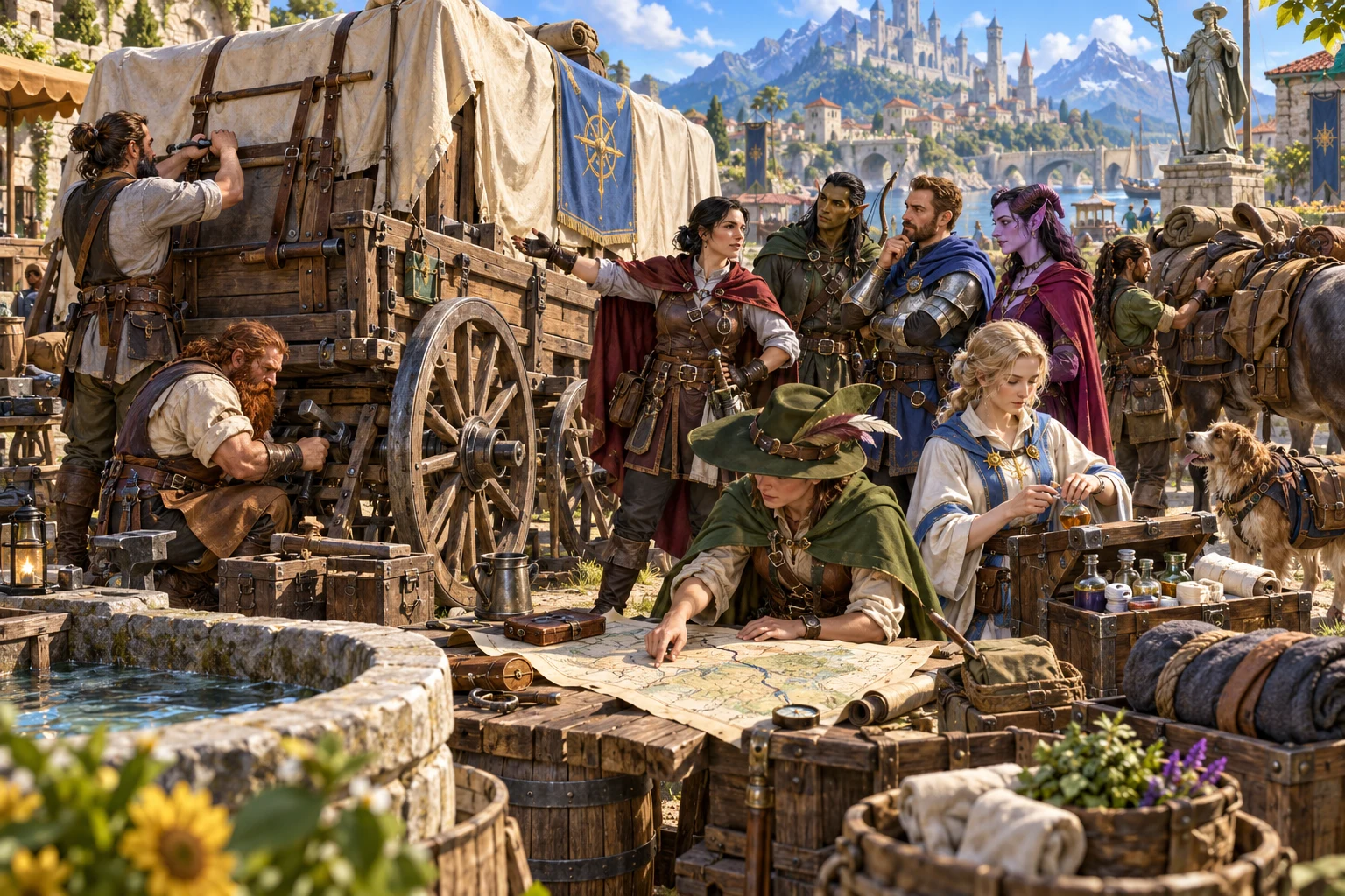 Fantasy illustration of workers repairing a wagon while companions review a map in a busy working quarter