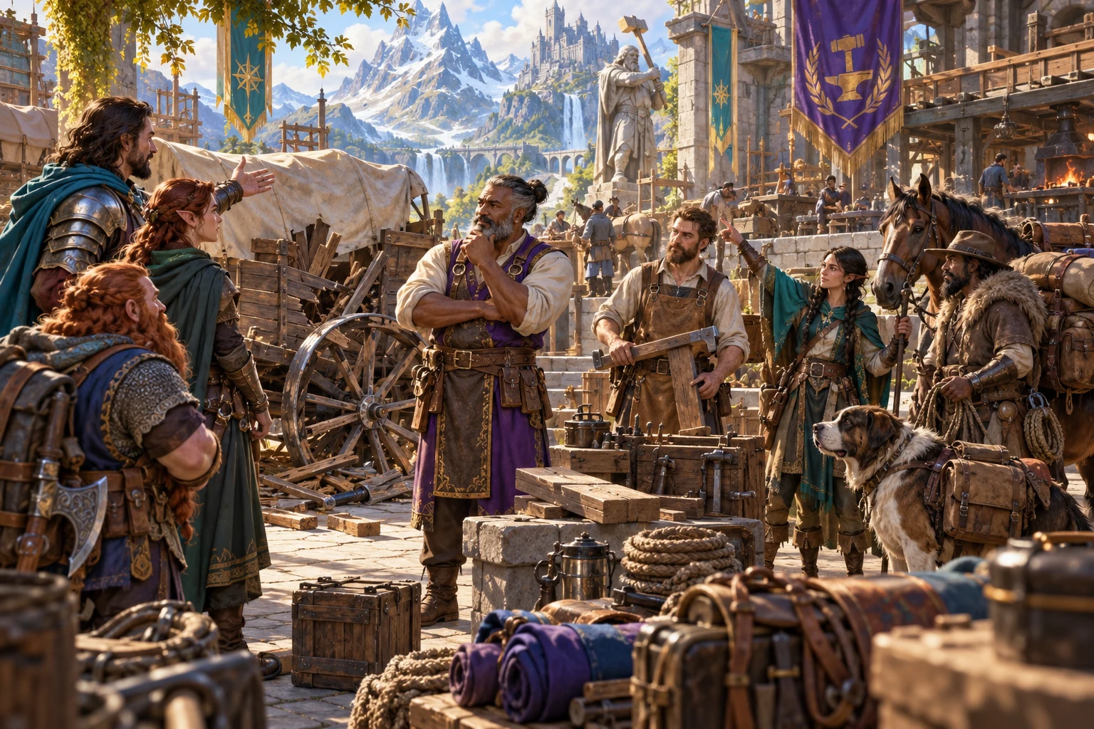Fantasy illustration of adventurers discussing work with a craftsperson beside tools, supplies and a stable